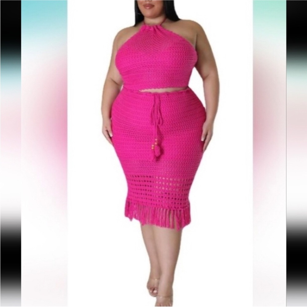 TRENDY -Women’s Plus Hot Pink Hollow Out Crochet Halter Two Pieces Skirt Set